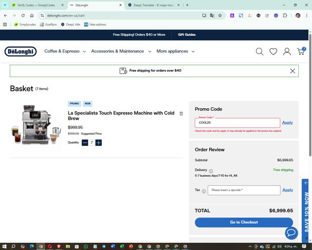 De'Longhi checkout page showing De'Longhi coupon code box | Screenshot taken by SimplyCodes community member on Sep 9, 2025