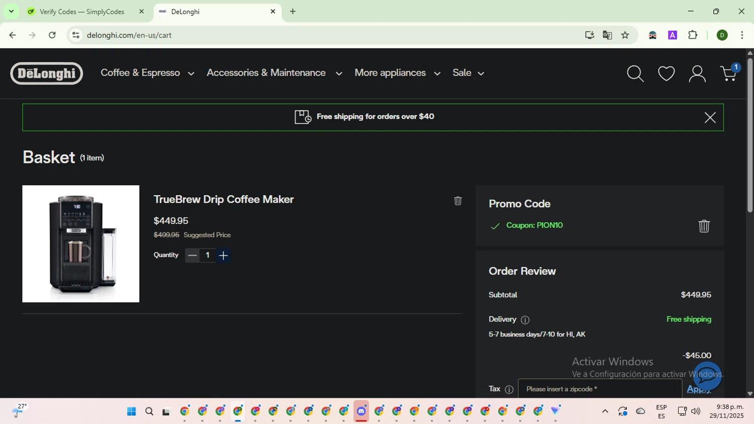 De'Longhi coupon code screenshot showing code PION10 applied at De'Longhi checkout page. Uploaded by SimplyCodes community member BargainGuardian5495 on Nov 30, 2025