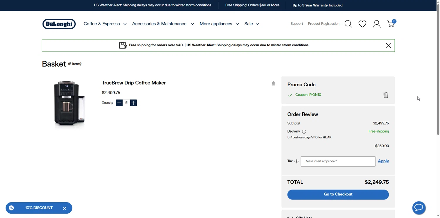 De'Longhi coupon code screenshot showing code PION10 applied at De'Longhi checkout page. Uploaded by SimplyCodes community member ValueHawk3038 on Feb 1, 2026