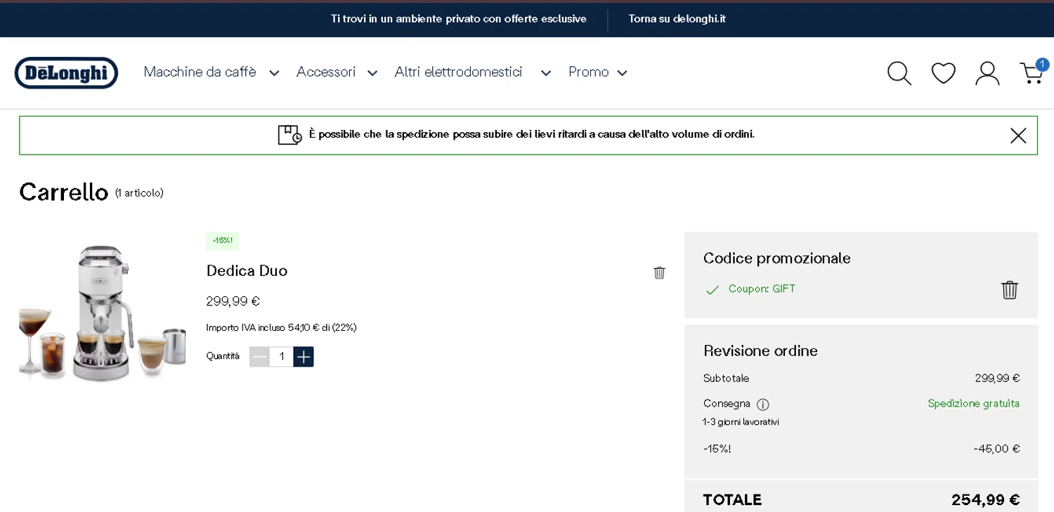 De'Longhi coupon code screenshot showing code GIFT applied at De'Longhi checkout page. Uploaded by SimplyCodes community member CodeExpert7814 on Dec 28, 2025
