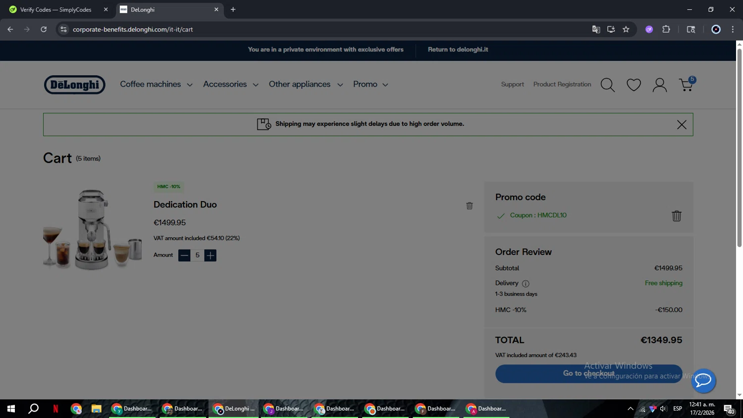 De'Longhi checkout page showing De'Longhi coupon code box | Screenshot taken by SimplyCodes community member on Feb 17, 2026
