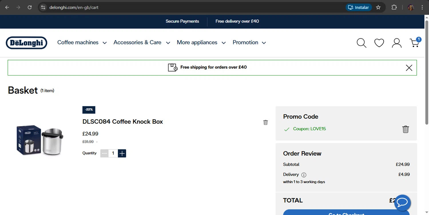 De'Longhi checkout page showing De'Longhi coupon code box | Screenshot taken by SimplyCodes community member on Feb 14, 2026