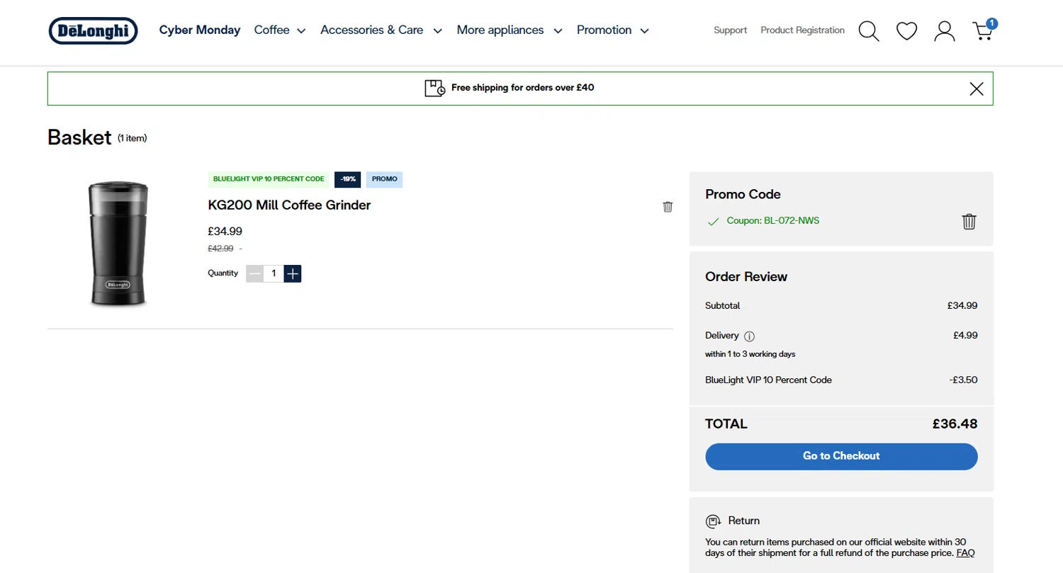 De'Longhi coupon code screenshot showing code BL-072-NWS applied at De'Longhi checkout page. Uploaded by SimplyCodes community member Dorothy on Dec 5, 2025