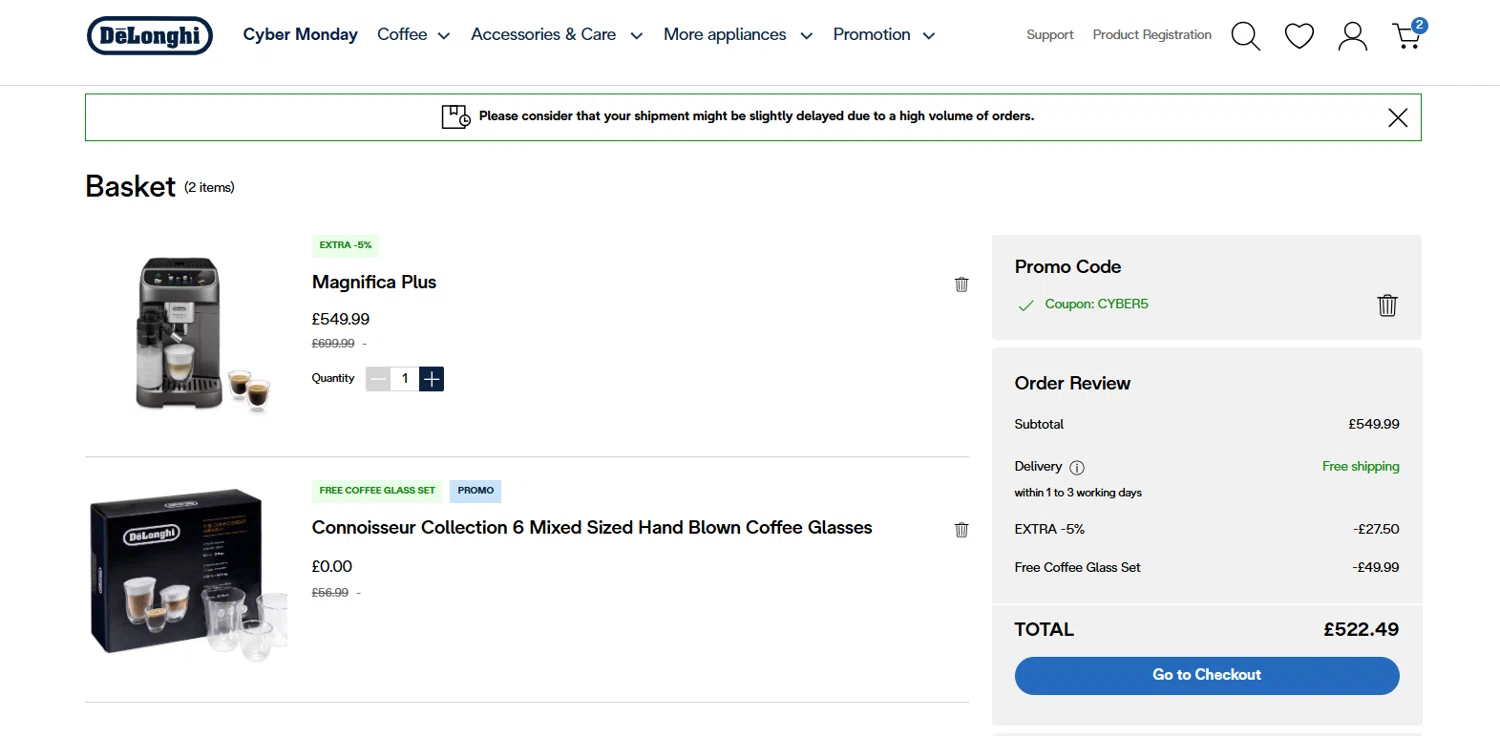 De'Longhi coupon code screenshot showing code CYBER5 applied at De'Longhi checkout page. Uploaded by SimplyCodes community member Dorothy on Dec 2, 2025