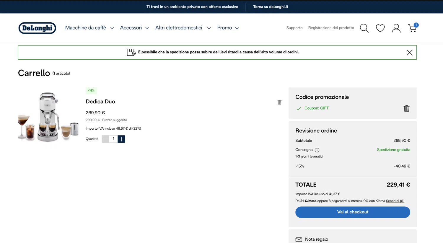 De'Longhi coupon code screenshot showing code GIFT applied at De'Longhi checkout page. Uploaded by SimplyCodes community member ELOIN777 on Dec 16, 2025