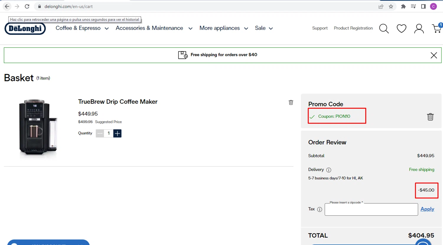 De'Longhi coupon code screenshot showing code PION10 applied at De'Longhi checkout page. Uploaded by SimplyCodes community member nileskamarcano on Nov 30, 2025