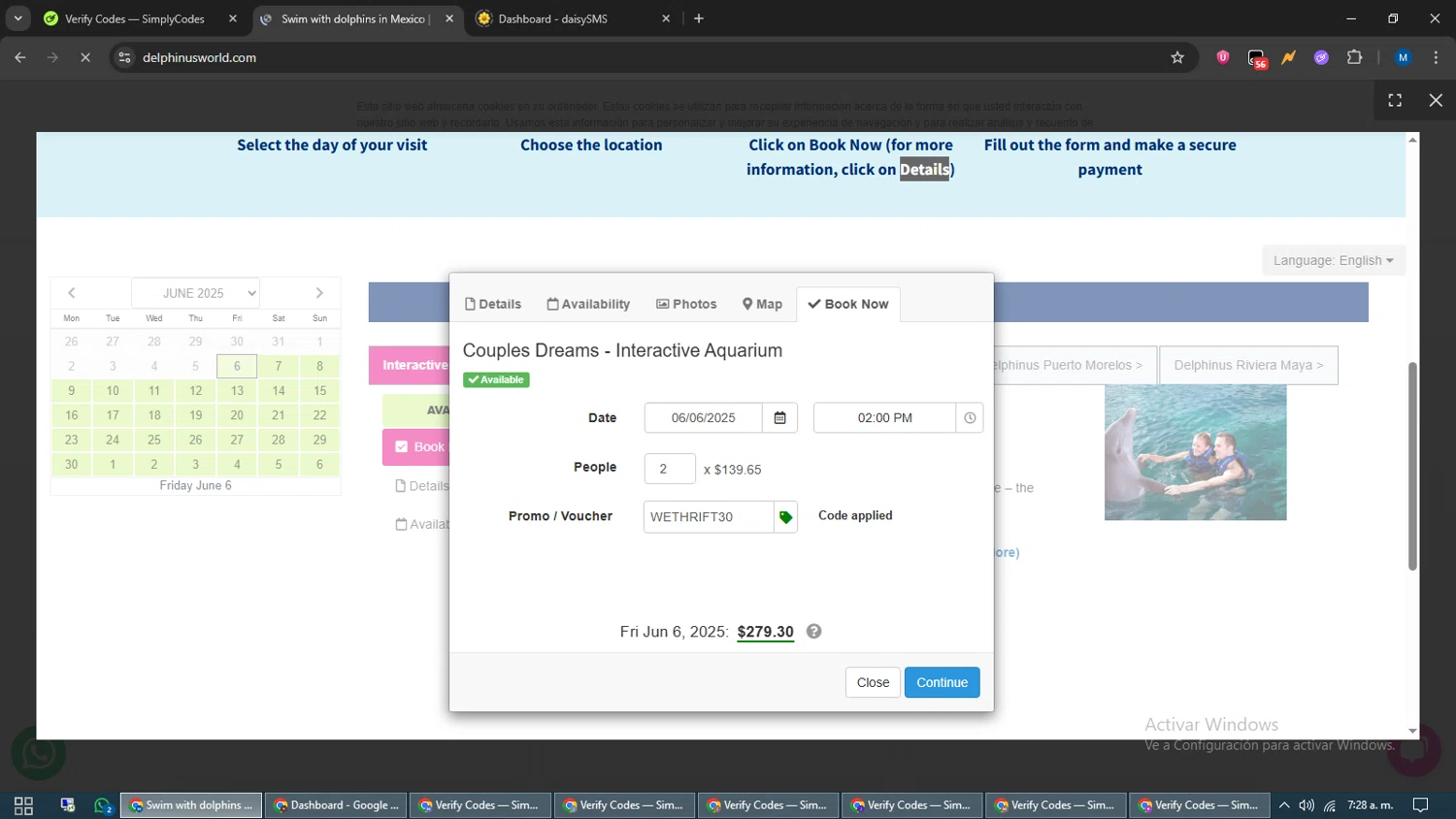 Delphinus promo code screenshot showing code WETHRIFT30 applied at Delphinus checkout page. Uploaded by SimplyCodes community member EpicVoyager2820 on Jun 6, 2025