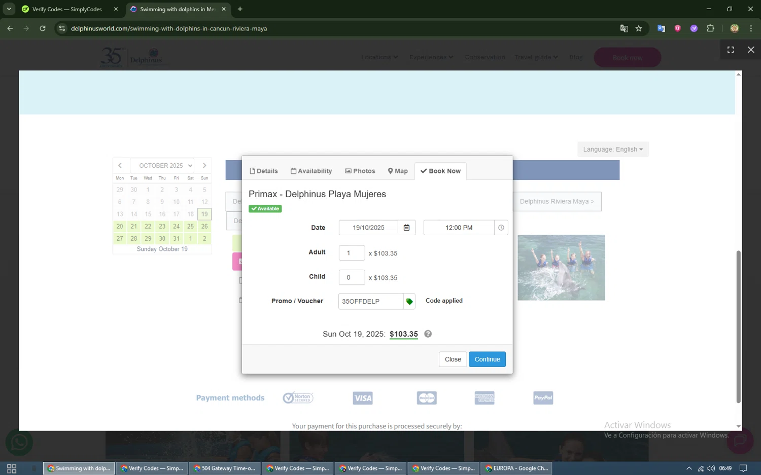 Delphinus promo code screenshot showing code 35OFFDELP applied at Delphinus checkout page. Uploaded by SimplyCodes community member FINN_SHELBY on Oct 19, 2025