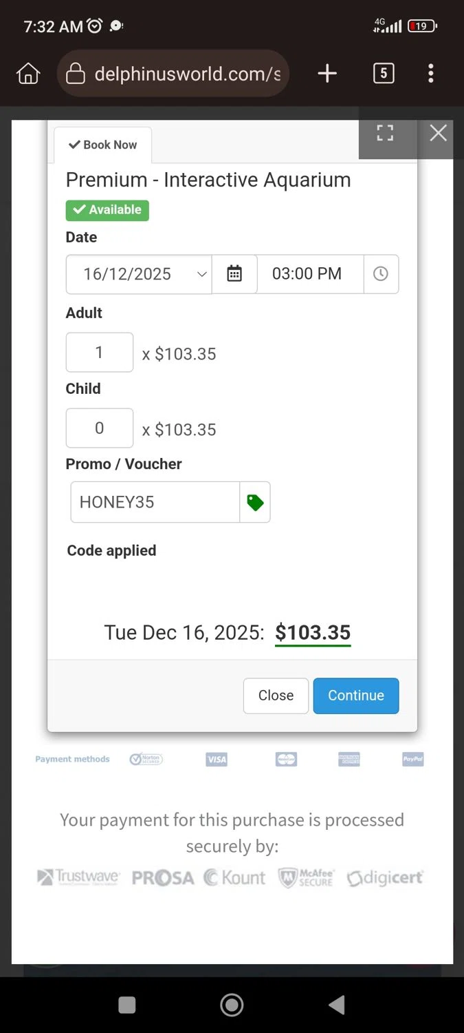 Delphinus promo code screenshot showing code HONEY35 applied at Delphinus checkout page. Uploaded by SimplyCodes community member CrownLion2750 on Dec 16, 2025