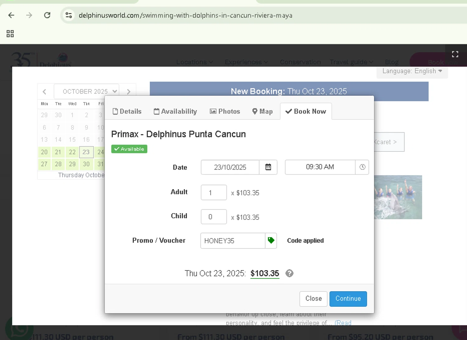 Delphinus promo code screenshot showing code HONEY35 applied at Delphinus checkout page. Uploaded by SimplyCodes community member NobleSentinel8535 on Oct 19, 2025