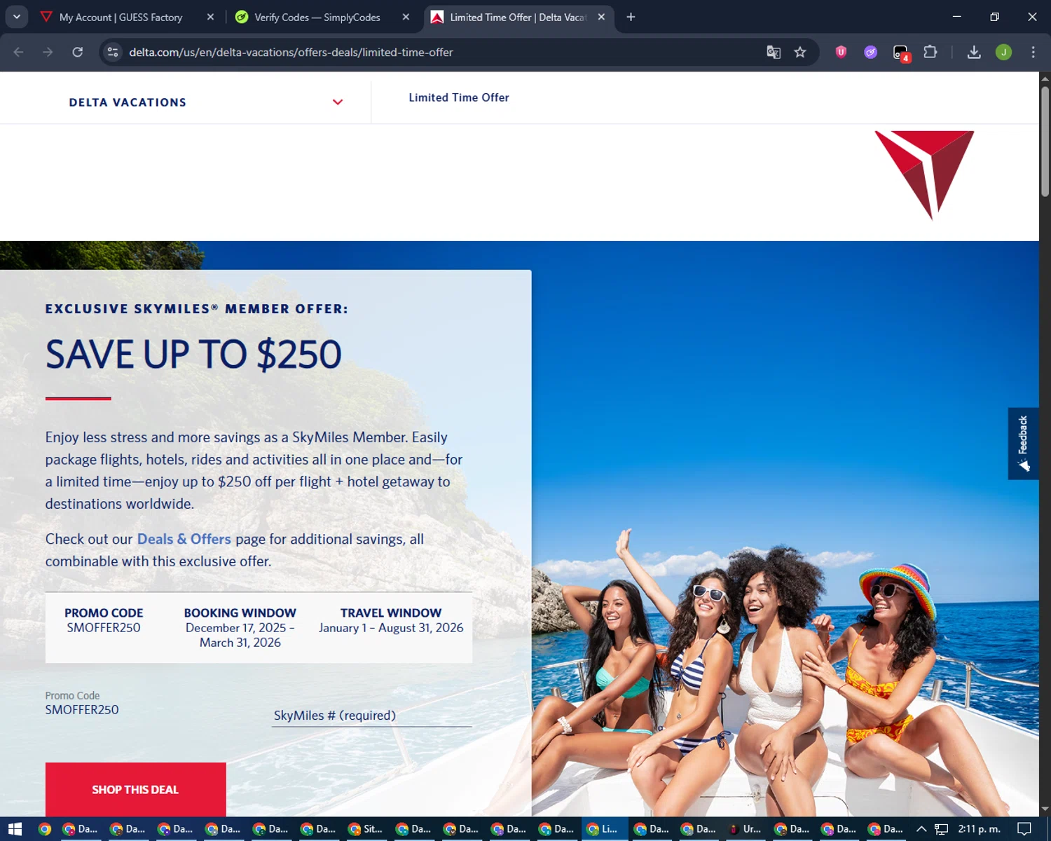 Delta Air Lines promo code screenshot showing code SMOFFER250 applied at Delta Air Lines checkout page. Uploaded by SimplyCodes community member LilBaby on Feb 20, 2026
