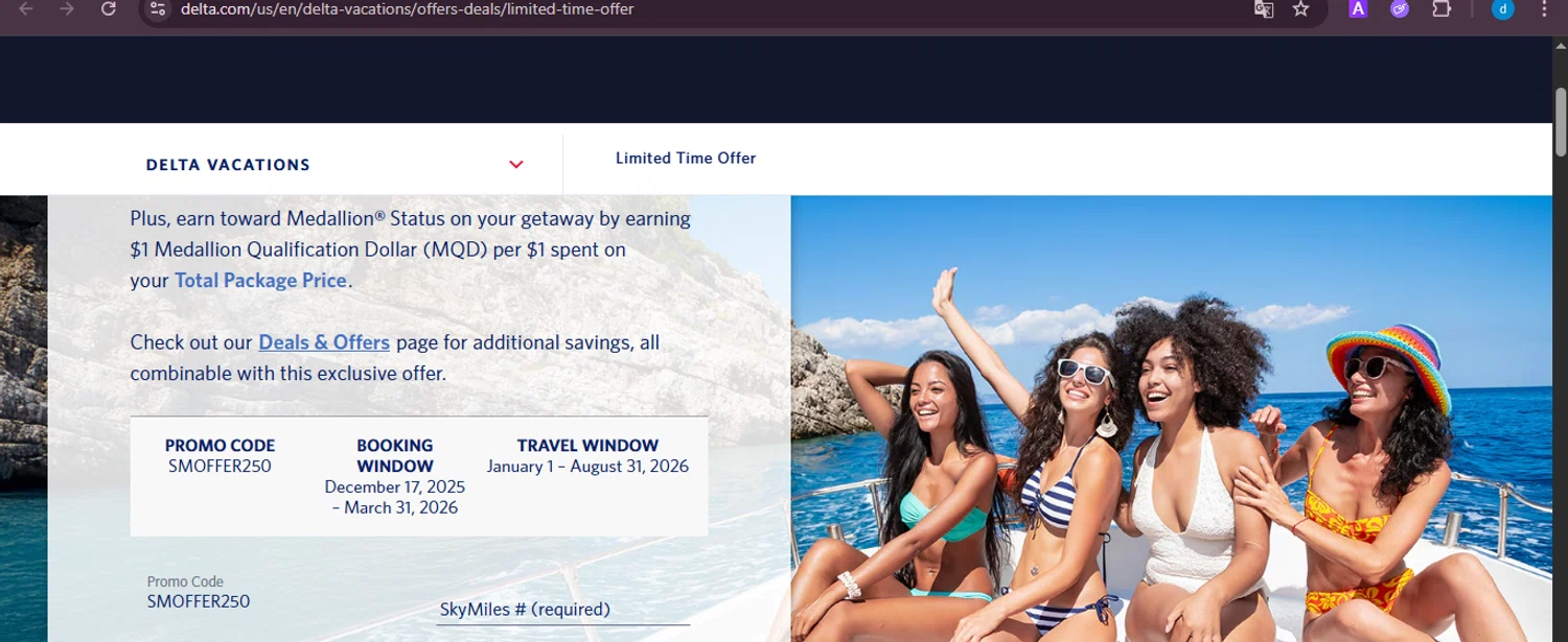 Delta Air Lines promo code screenshot showing code SMOFFER250 applied at Delta Air Lines checkout page. Uploaded by SimplyCodes community member ShieldKnight4744 on Feb 1, 2026