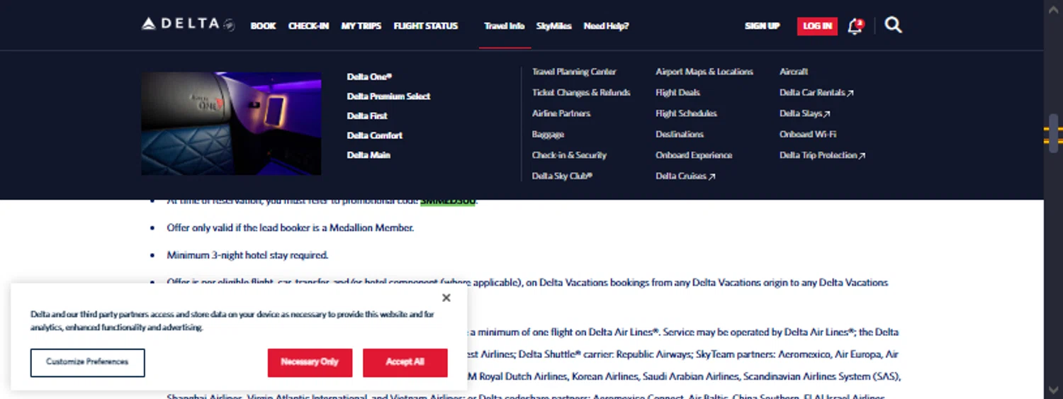 Delta Air Lines promo code screenshot showing code SMMED300 applied at Delta Air Lines checkout page. Uploaded by SimplyCodes community member TraxoGamer on Jan 10, 2026