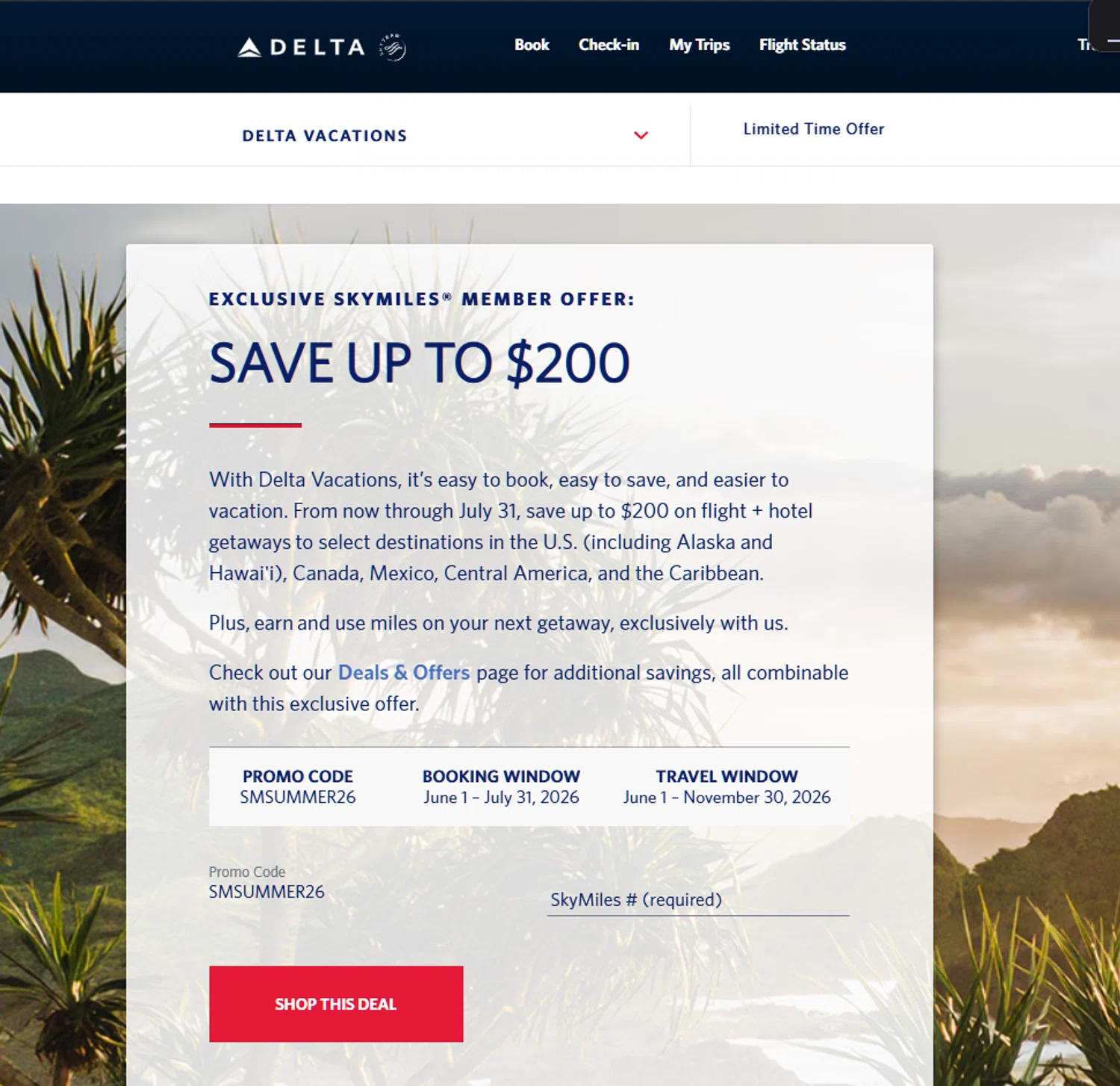 Delta Air Lines promo code screenshot showing code SMSUMMER26 applied at Delta Air Lines checkout page. Uploaded by SimplyCodes community member Dejadepicharme on Jun 18, 2026