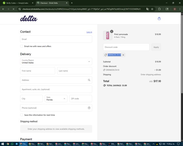 Delta Cannabis Water checkout page showing Delta Cannabis Water coupon code box | Screenshot taken by SimplyCodes community member on Sep 2, 2025