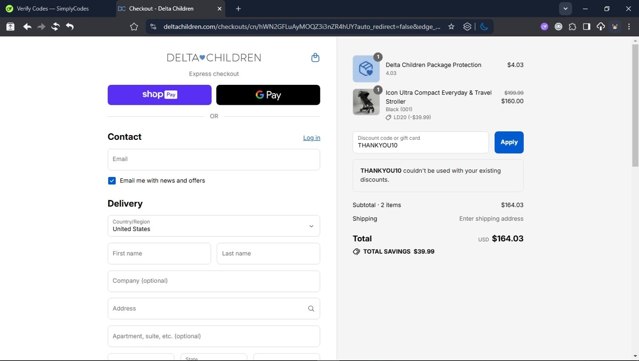 Delta Children checkout page showing Delta Children discount code box | Screenshot taken by SimplyCodes community member on Aug 26, 2025