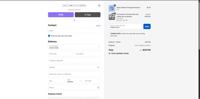 Delta Children checkout page showing Delta Children discount code box | Screenshot taken by SimplyCodes community member on Aug 30, 2025