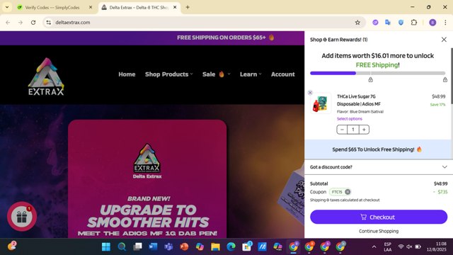 Delta Extrax checkout page showing Delta Extrax coupon code box | Screenshot taken by SimplyCodes community member on Aug 12, 2025
