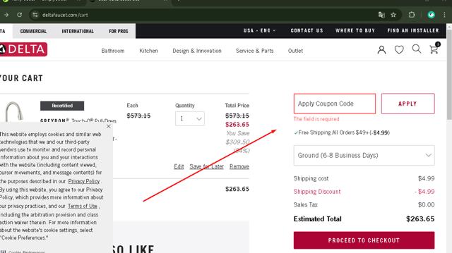 Delta Faucet checkout page showing Delta Faucet coupon code box | Screenshot taken by SimplyCodes community member on Jul 31, 2024