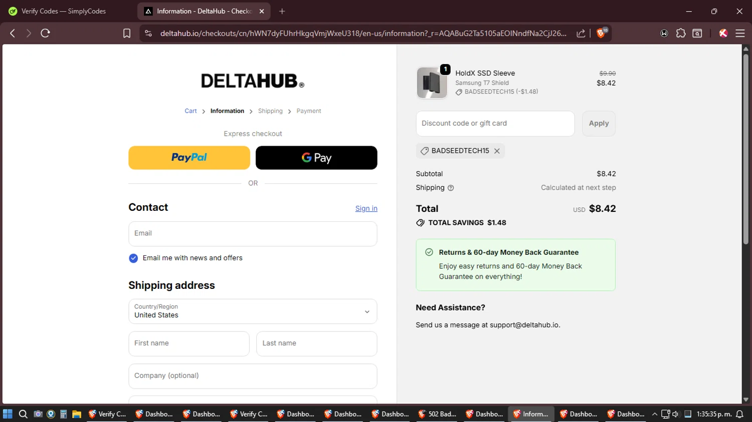 Deltahub discount code screenshot showing code BADSEEDTECH15 applied at Deltahub checkout page. Uploaded by SimplyCodes community member Amidamaru on Jan 15, 2026