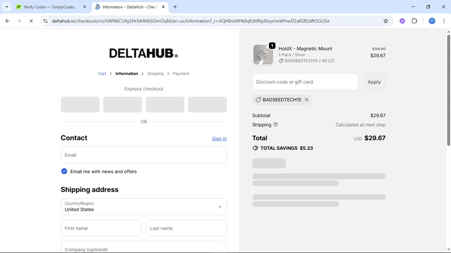 Deltahub discount code screenshot showing code BADSEEDTECH15 applied at Deltahub checkout page. Uploaded by SimplyCodes community member DiscountTiger7630 on Dec 8, 2025