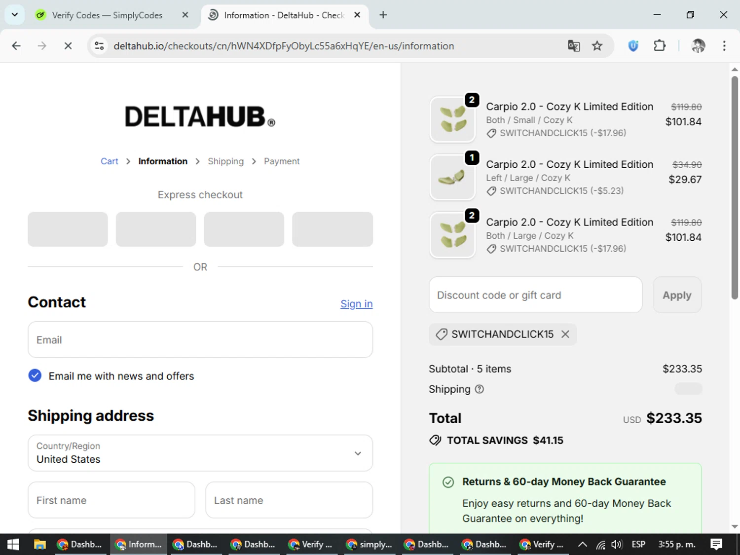 Deltahub discount code screenshot showing code SwitchAndClick15 applied at Deltahub checkout page. Uploaded by SimplyCodes community member CleverLegend6607 on Oct 25, 2025
