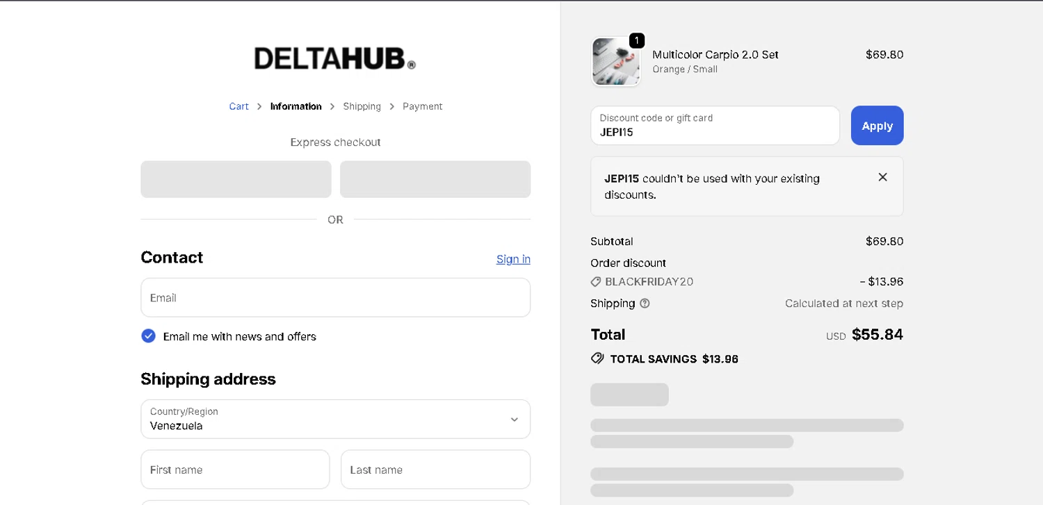 Deltahub discount code screenshot showing code JEPI15 applied at Deltahub checkout page. Uploaded by SimplyCodes community member PennySage5996 on Nov 22, 2025