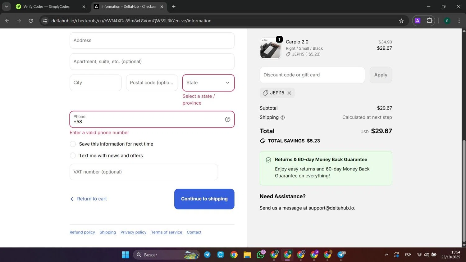 Deltahub discount code screenshot showing code JEPI15 applied at Deltahub checkout page. Uploaded by SimplyCodes community member SaleHunter9008 on Oct 25, 2025