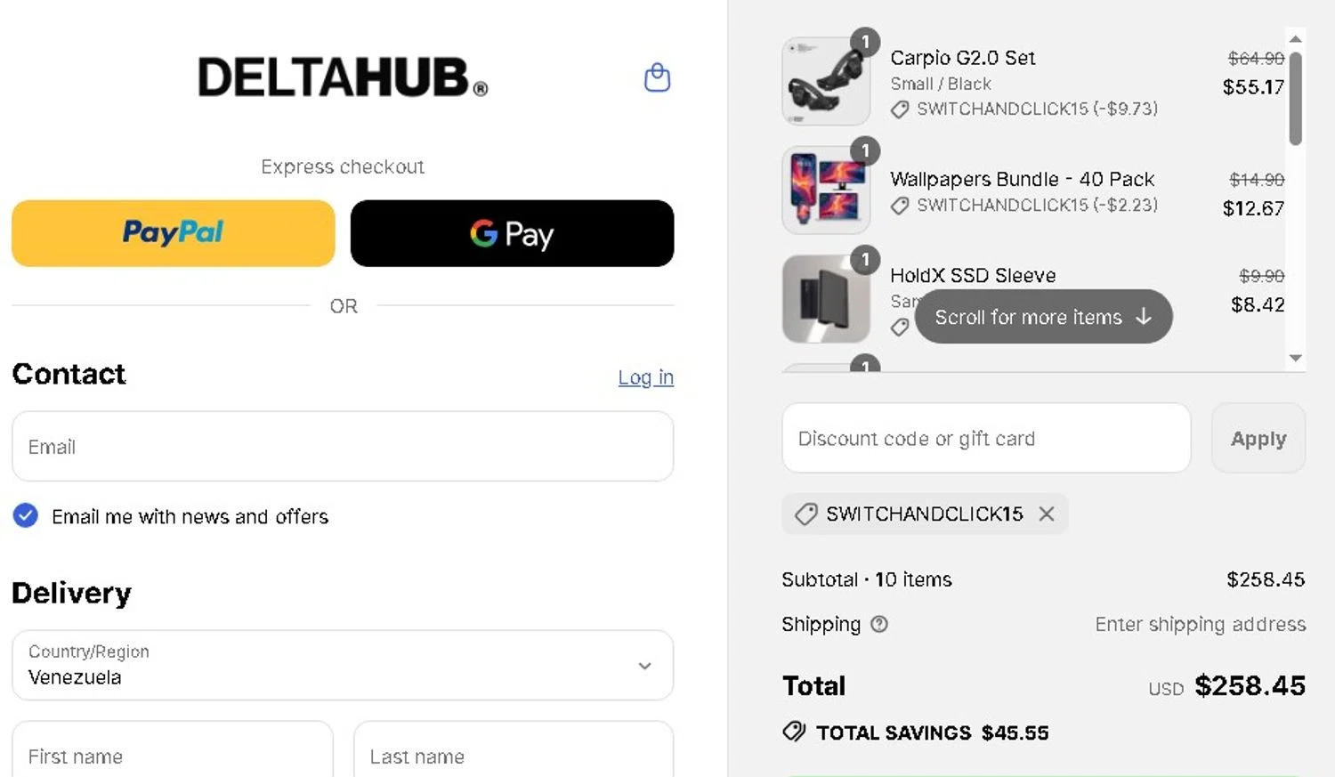 Deltahub discount code screenshot showing code SwitchAndClick15 applied at Deltahub checkout page. Uploaded by SimplyCodes community member Elcompa on Jul 18, 2025