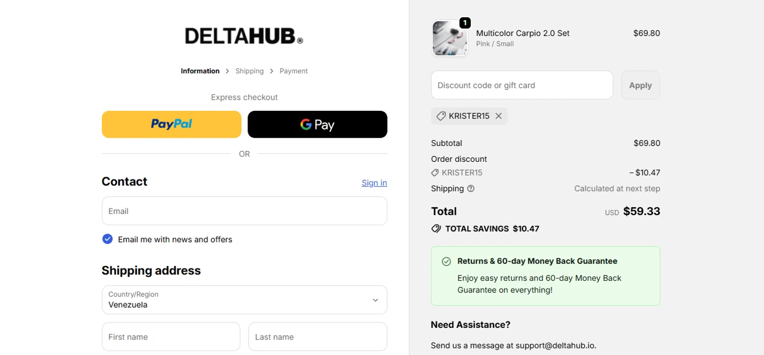 Deltahub discount code screenshot showing code Krister15 applied at Deltahub checkout page. Uploaded by SimplyCodes community member juanisaac on Oct 2, 2025