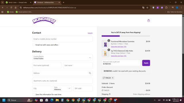 Delta Munchies checkout page showing Delta Munchies coupon code box | Screenshot taken by SimplyCodes community member on Sep 4, 2025
