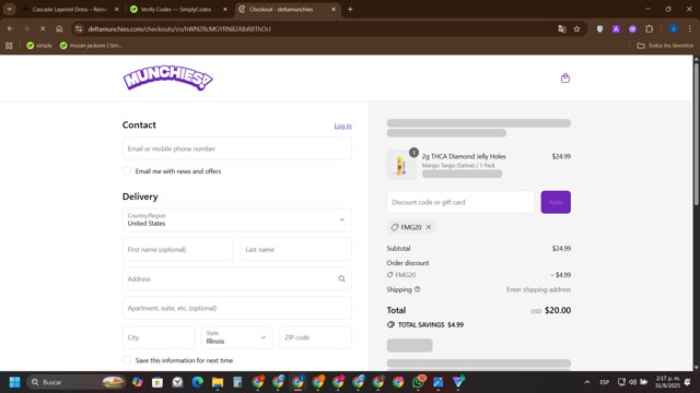 Delta Munchies checkout page showing Delta Munchies coupon code box | Screenshot taken by SimplyCodes community member on Aug 31, 2025