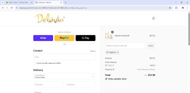 Deluvia checkout page showing Deluvia coupon code box | Screenshot taken by SimplyCodes community member on Sep 12, 2025