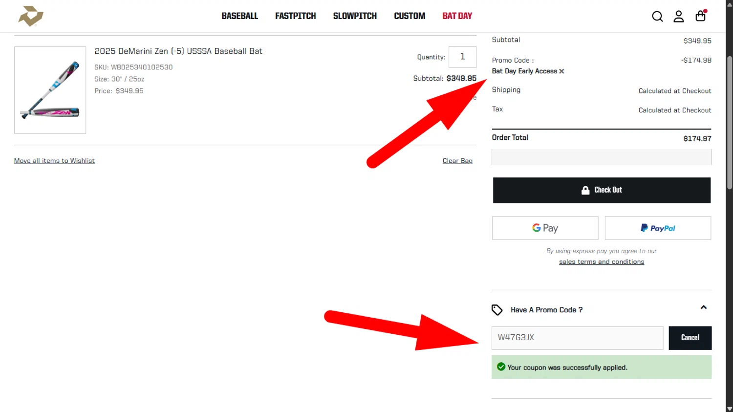 DeMarini promo code screenshot showing code W47G3JX applied at DeMarini checkout page. Uploaded by SimplyCodes community member ______________ on Oct 29, 2025