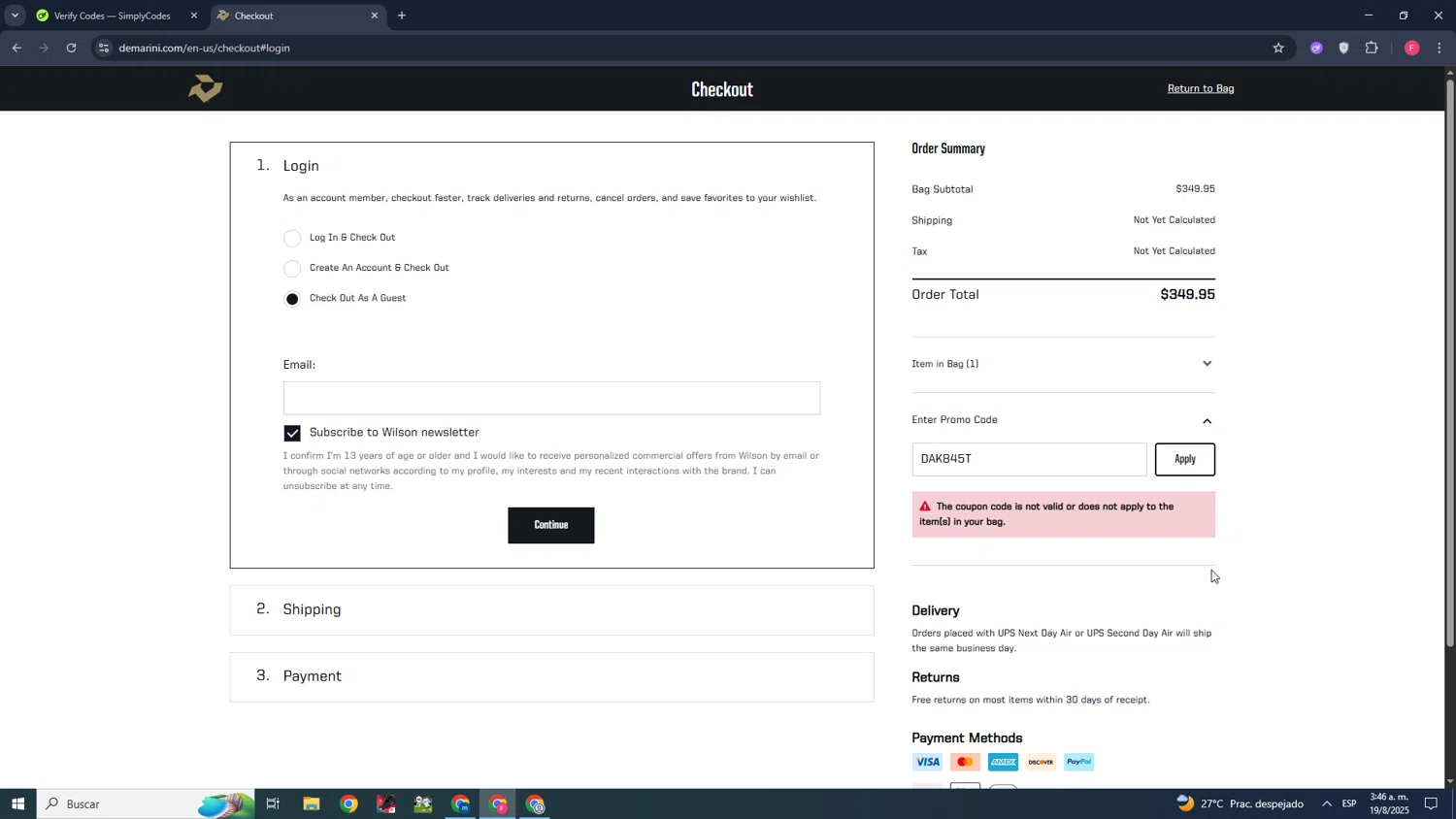 DeMarini promo code screenshot showing code DAK845T applied at DeMarini checkout page. Uploaded by SimplyCodes community member CleverMonarch1744 on Aug 19, 2025