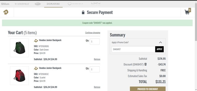 DeMarini checkout page showing DeMarini promo code box | Screenshot taken by SimplyCodes community member on Jun 14, 2021