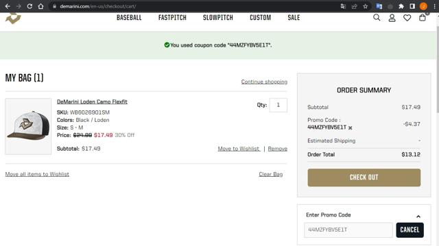 DeMarini checkout page showing DeMarini promo code box | Screenshot taken by SimplyCodes community member on Dec 5, 2022