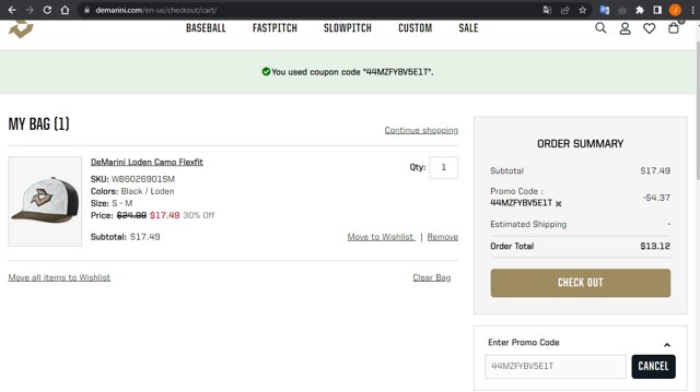 DeMarini checkout page showing DeMarini promo code box | Screenshot taken by SimplyCodes community member on Dec 5, 2022