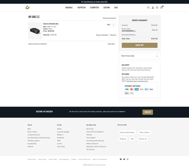 DeMarini checkout page showing DeMarini promo code box | Screenshot taken by SimplyCodes community member on Dec 9, 2022