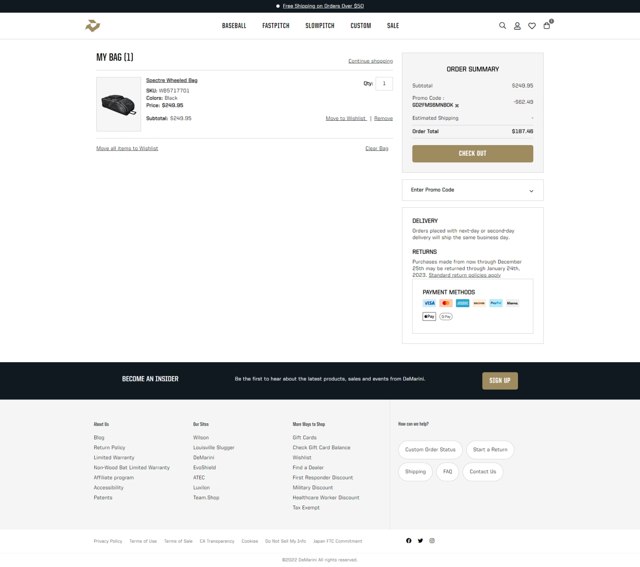 DeMarini checkout page showing DeMarini promo code box | Screenshot taken by SimplyCodes community member on Dec 9, 2022