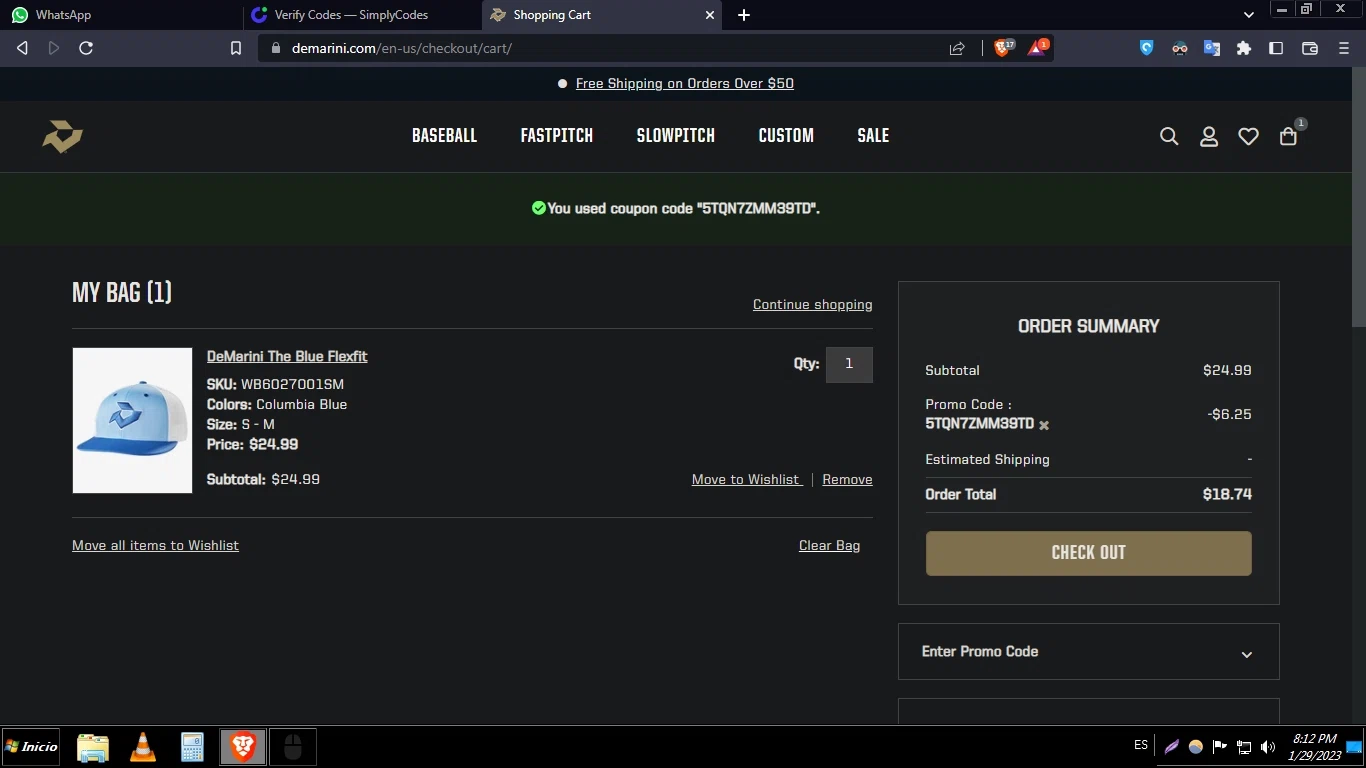 DeMarini checkout page showing DeMarini promo code box | Screenshot taken by SimplyCodes community member on Jan 29, 2023