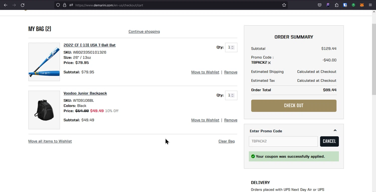 DeMarini checkout page showing DeMarini promo code box | Screenshot taken by SimplyCodes community member on Feb 26, 2024
