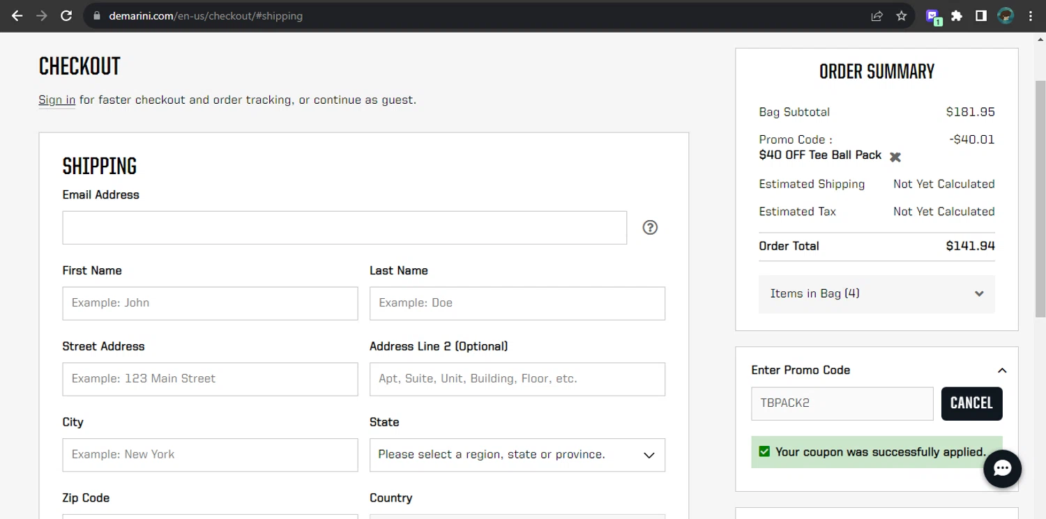 DeMarini checkout page showing DeMarini promo code box | Screenshot taken by SimplyCodes community member on Sep 26, 2023