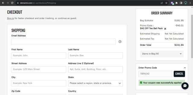 DeMarini checkout page showing DeMarini promo code box | Screenshot taken by SimplyCodes community member on Sep 26, 2023