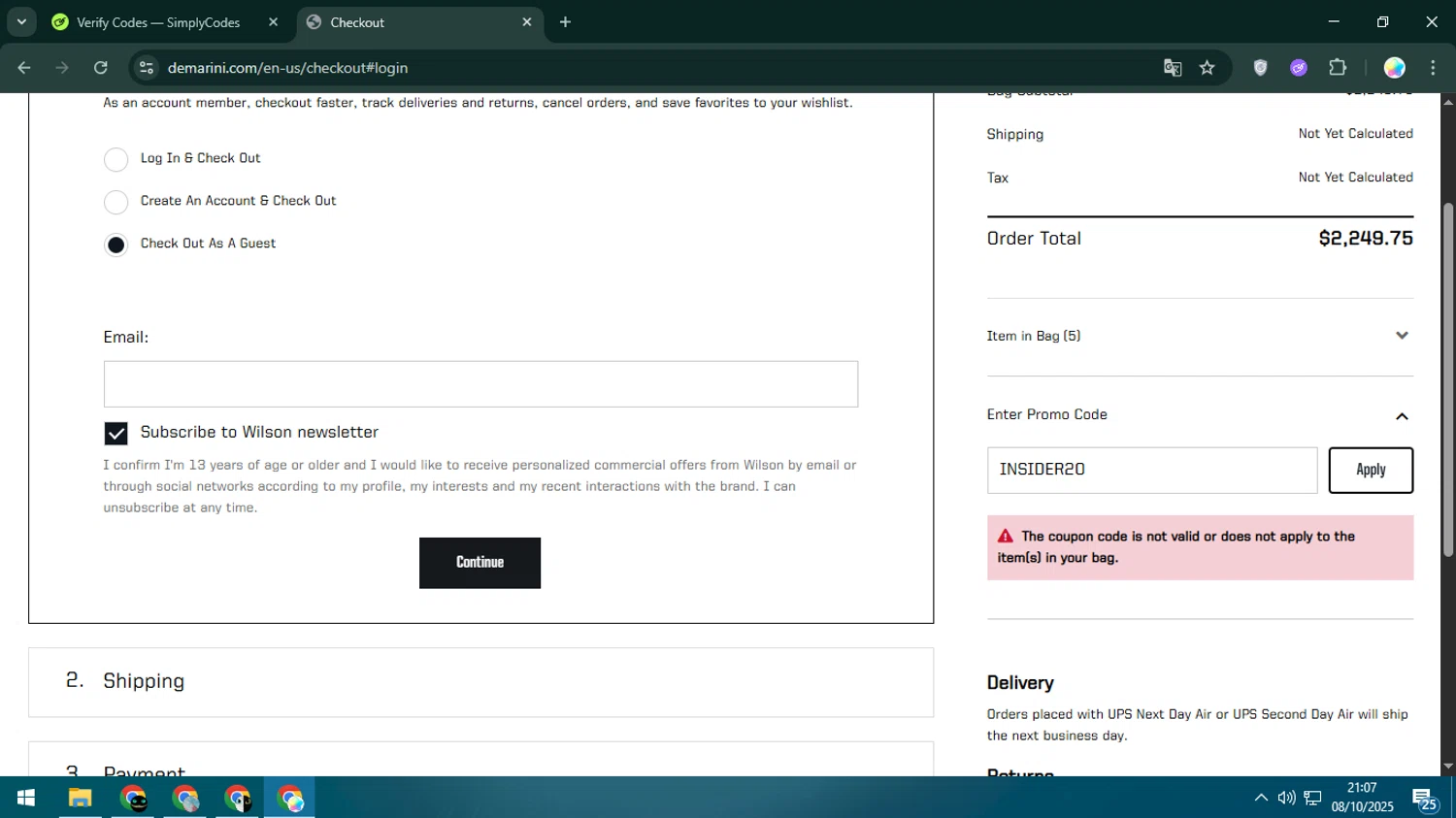DeMarini promo code screenshot showing code INSIDER20 applied at DeMarini checkout page. Uploaded by SimplyCodes community member Estrellitacoairis on Oct 9, 2025