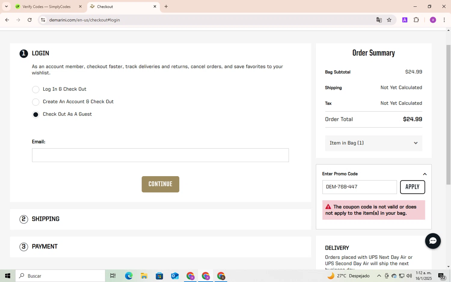 DeMarini promo code screenshot showing code DEM-768-447 applied at DeMarini checkout page. Uploaded by SimplyCodes community member Andygar on Jan 16, 2025