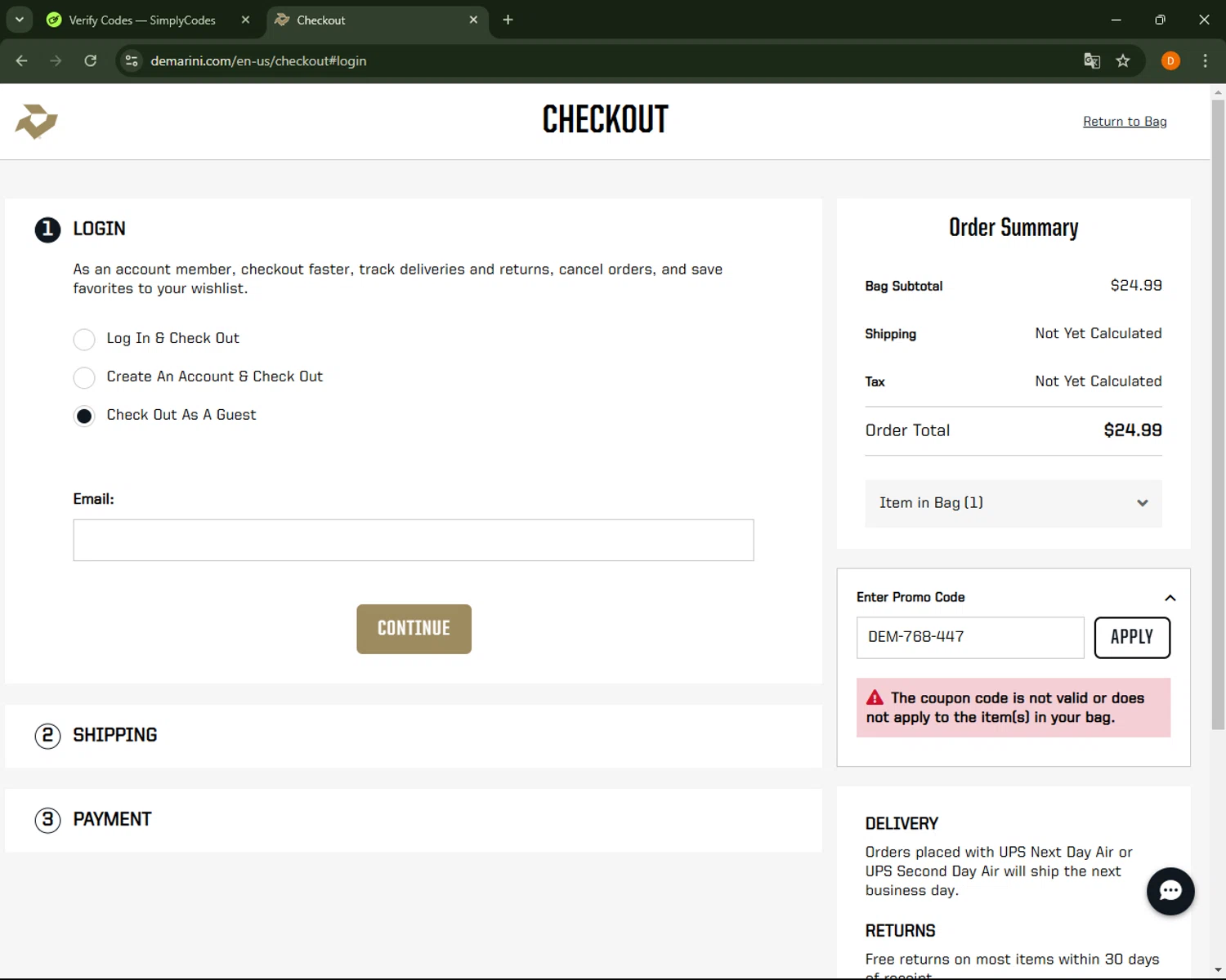 DeMarini promo code screenshot showing code DEM-768-447 applied at DeMarini checkout page. Uploaded by SimplyCodes community member FrugalFalcon351 on Jan 16, 2025