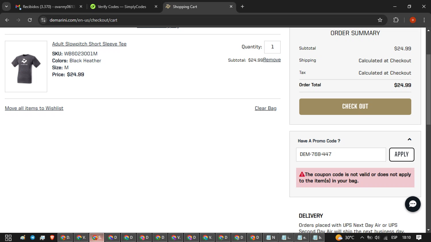 DeMarini checkout page showing DeMarini promo code box | Screenshot taken by SimplyCodes community member on Jan 15, 2025