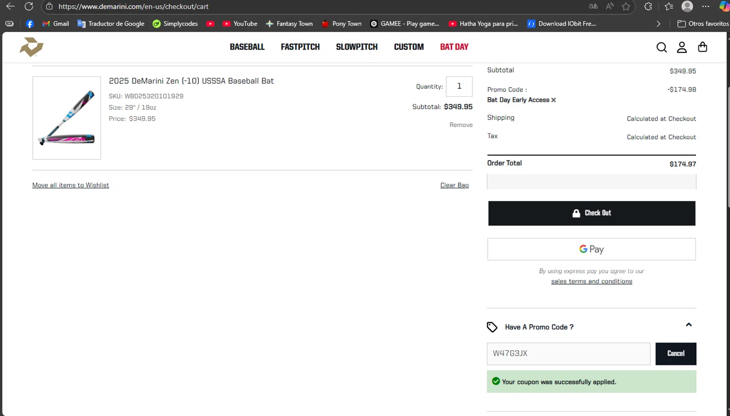 DeMarini promo code screenshot showing code W47G3JX applied at DeMarini checkout page. Uploaded by SimplyCodes community member MoneyRanger9663 on Oct 29, 2025
