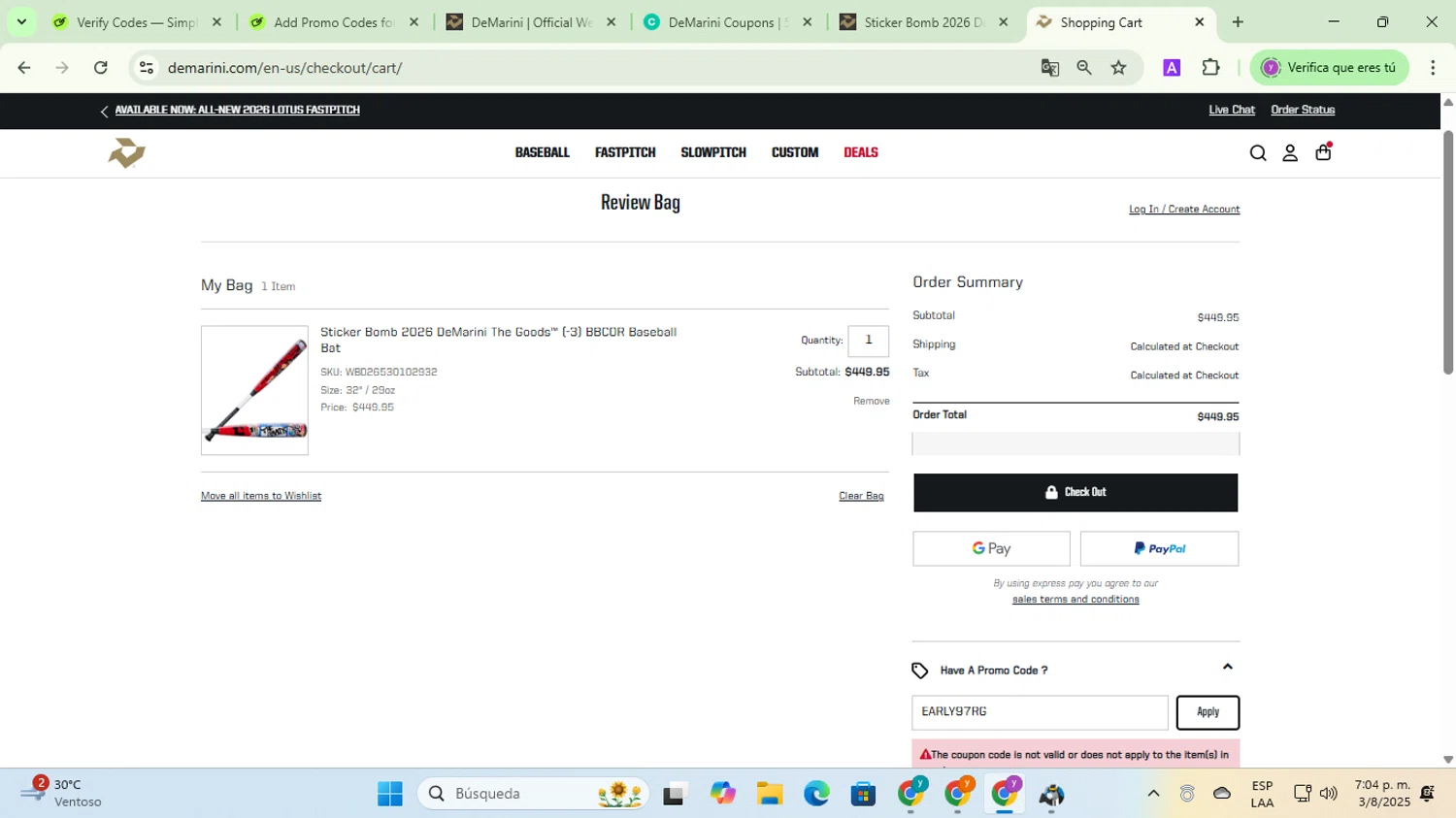 DeMarini promo code screenshot showing code EARLY97RG applied at DeMarini checkout page. Uploaded by SimplyCodes community member jesusalvarez1 on Aug 3, 2025